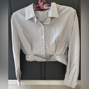 Blush Pinstripe Button-Up Crop Top - Black and White